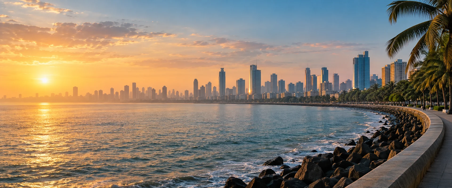 Illustrative Mumbai waterfront at sunrise